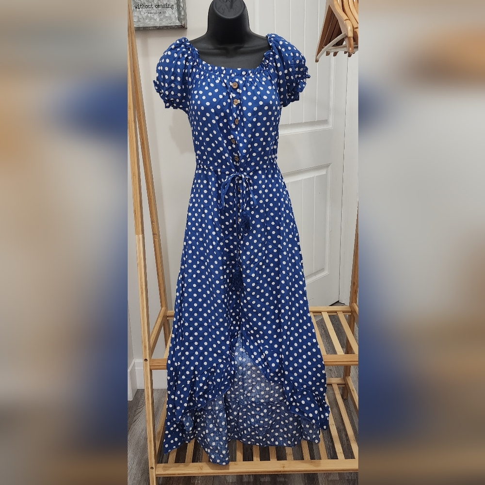 High-low dress, blue/white polka dot, drawstring waist size small NWT